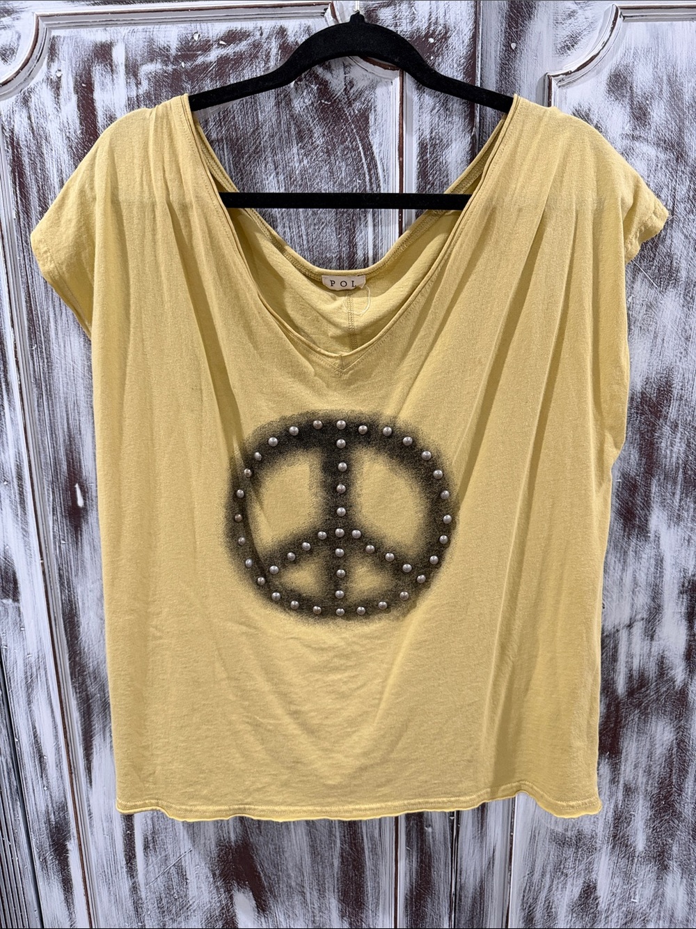 POL Yellow Short Sleeve Tee with Studded Peace Graphic